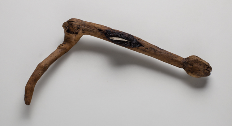 1.- Hoz. Madera de saúco, lámina de sílex y adhesivo. 22 x 2,2 cm. © MACB (Museu Arqueològic Comarcal de Banyoles)